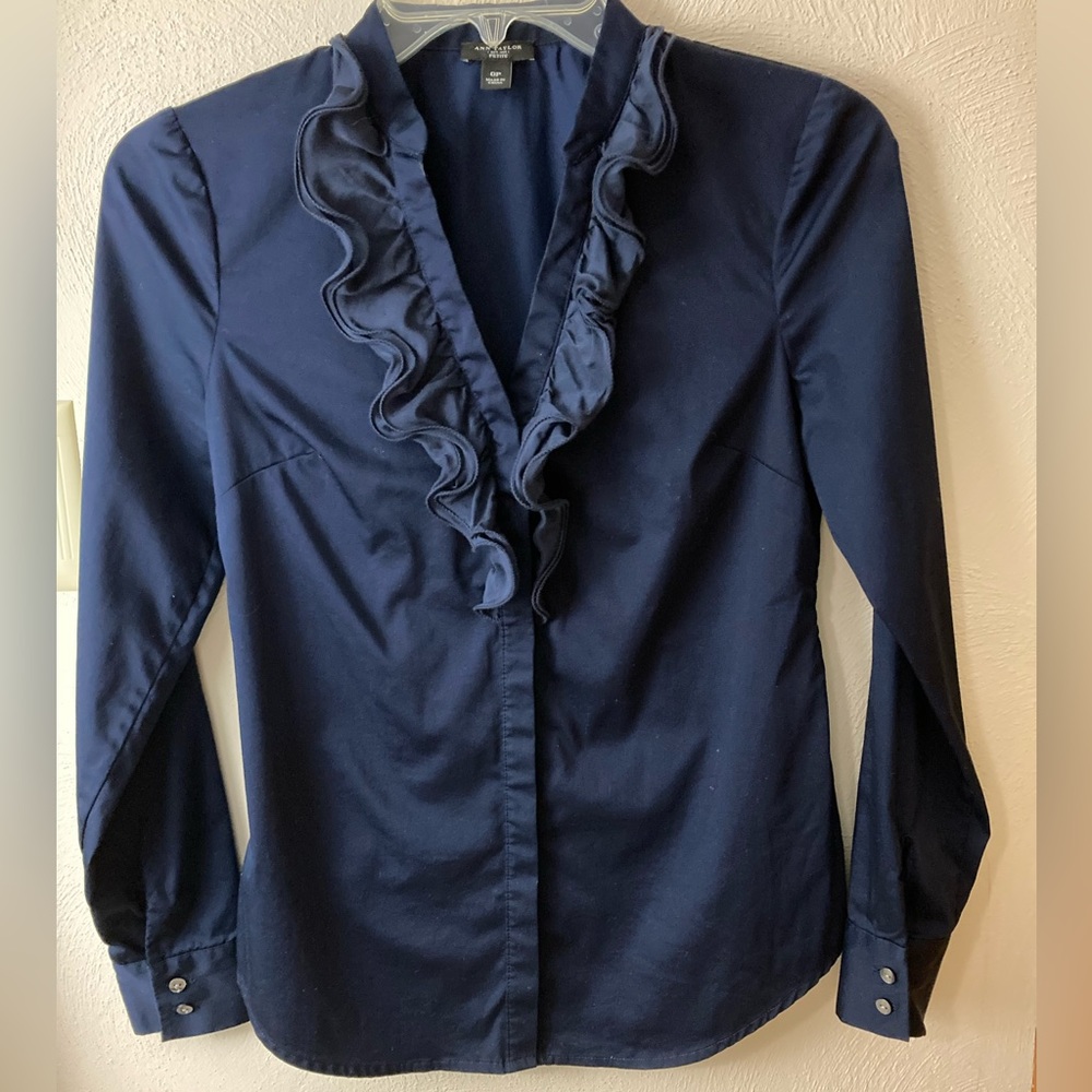 Ann Taylor Petites Silk Blend Navy Blouse Size 0